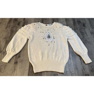 Vintage Bonnie Boerer Sweater‎ Medium Ivory Lace Mirror Sequin Ribbed Padded 80s